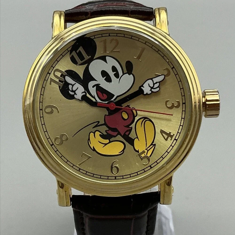 Disney Mickey Mouse Men Watch 43mm Gold Tone Brown Leather P234.85574.4 New Batt